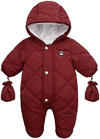 Infant Baby Snowsuit - Girls Boys' Theavy Outerwear Coat Winter Pram Bear Suit Footies Winter Onesie Outwear with Gloves Red for 12-18 Months (M1)