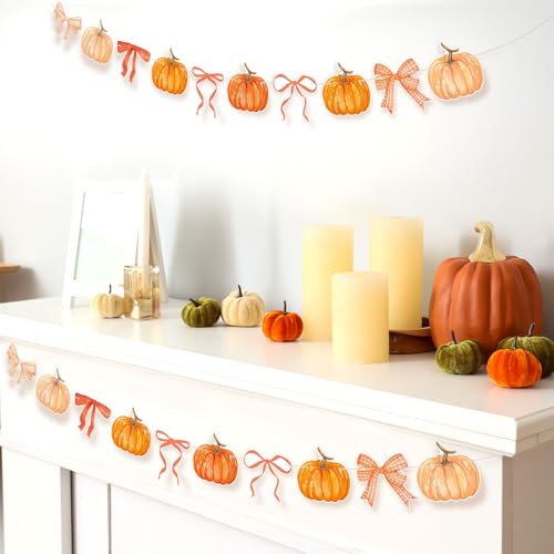 Image of Oudain 2 Pack Fall Decor Fall Pumpkin Garland 6.56 ft Orange Pumpkin Paper Bow Hanging Banner for Thanksgiving Autumn Harvest Birthday Party Home Indoor Outdoor Mantle Wall Decor
