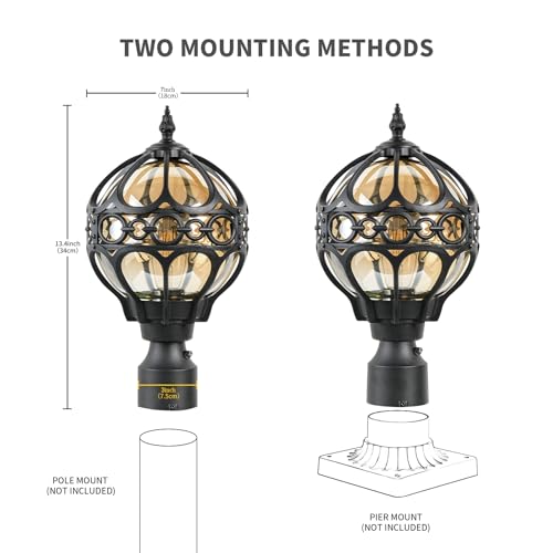 Dusk to Dawn Soccer Ball Outdoor Post Light for Lawn Porch Yard Driveway, Black Outside Globe Lamp Post Light, 3" Pier Mount Sphere Lantern Lighting, Exterior Pole Post Light(2 Pack)