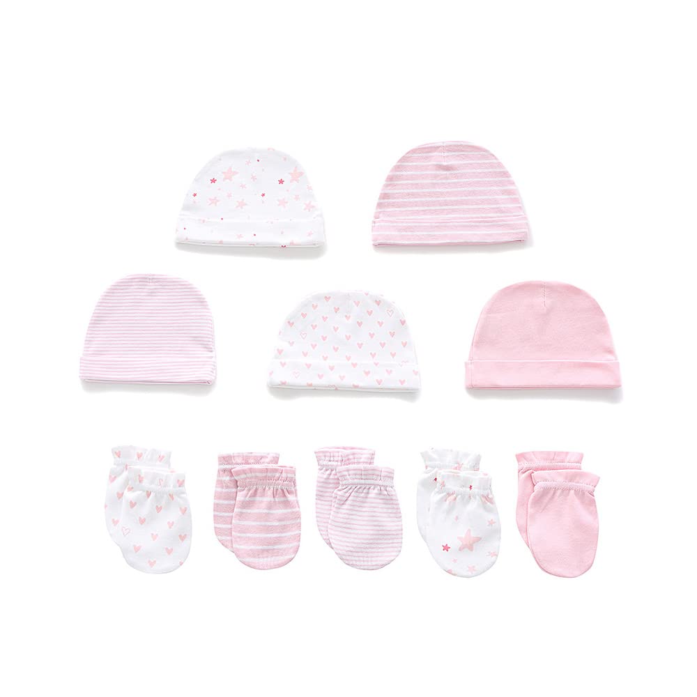 Newborn Baby Caps and Mittens Set 5pcs Cotton Hats+Soft Touch Scratch Mittens Gloves for 0-6 Months