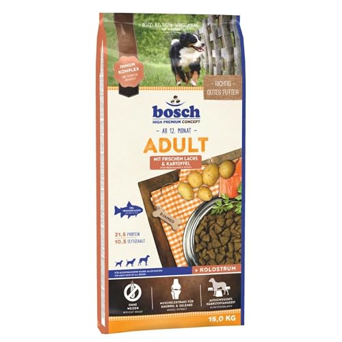 bosch Tiernahrung Adult Hundefutter trocken, Lachs & Kartoffel, 15 kg | Weizenfreie Rezeptur, 14 % frischer Lachs, enthält Kolostrum, Muschelextrakt, hohe Eiweißqualität, Made in Germany