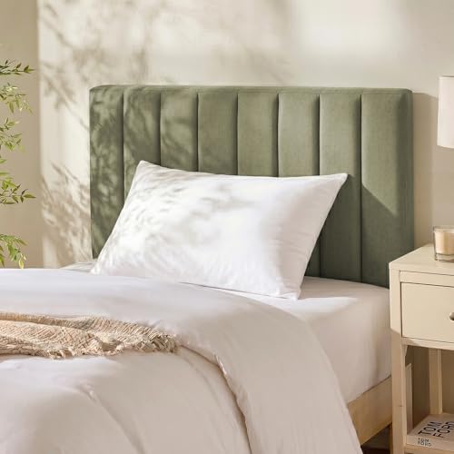 Image of Hearth & Harbor Wall Mounted Twin Headboard Only, Bed Headboard Twin Size | Easy Assemble, Floating Peel & Stick, Upholstered Channel Stitched, 3D Wall Panels, 5 Strips of 3M Tape Included, Olive Green