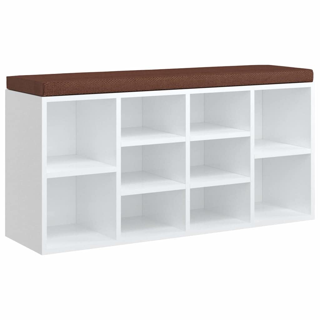 GKHPYURE Schuhbank weiß glänzend 103 x 30 x 48 cm Holz mehrschichtig | 10 Fächer, schaumstoffgepolsterte Platte, Stoffbezug, Eingang und Flur, einfache Montage