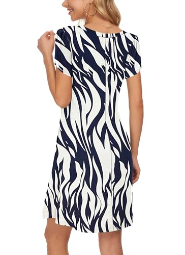 PLOKNRD Sommerkleid Damen Blütenblatt Ärmel T-Shirt Kleid Rundhals Blumenmuster Freizeitkleid Leicht und Luftig mit Taschen(Blatt Navy Weiß,M