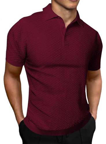 JMIERR Mens Knit Polo Golf Shirts Textured Waffle T Shirts Classic Casual Short Sleeve Slim Fit Collared Stretch Golf Tee Shirt,S,Burgundy