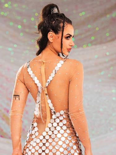 GORAIS Sparkly Sequin Chainmail Dress Dots Dance Mini Dresses Nightclub Bikini Body Chain Dress for Women2