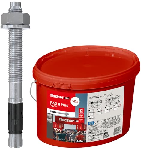 fischer Bolzenanker FAZ II Plus 10/10 gvz im Eimer, Schwerlastanker mit hoher Tragfähigkeit, 145 Ankerbolzen für Befestigungen schwerer Lasten und Stahlkonstruktionen, Seismik- & ETA-Zulassung