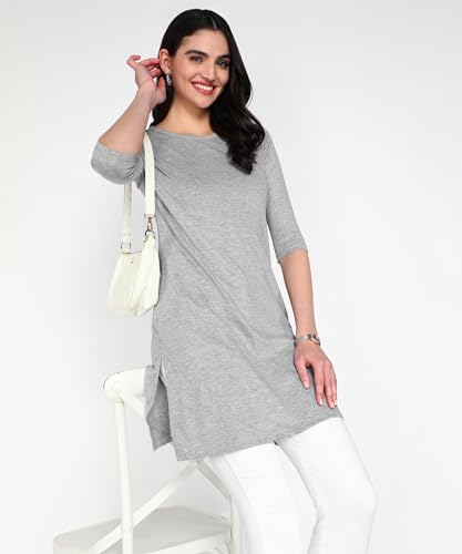 Image of FLEXIMAA Women's Cotton Plain Round Neck 3 /4 Sleeve Long Top