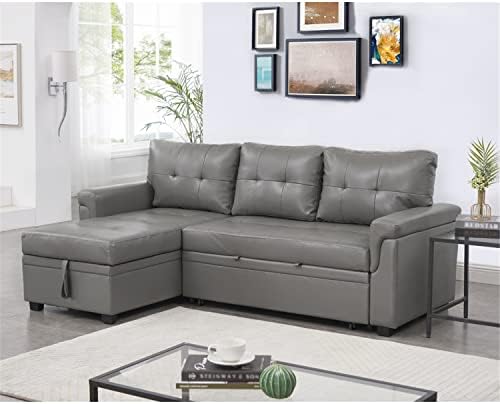 Naomi Home Laura Sectional Sleeper Sofa with Pull Out Bed, Reversible Sleeper Sectional Sofa Bed, Best Sleeper Sofa Couch with 168L Storage, L-Shape Pull Out Couch Bed Sleeper Sofa – Air Leather/Gray