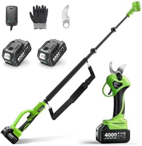 Electric Pruning Shears 30 mm, with Extendable Pole, Brushless Motor, 2 Batteries 4000mAh, Extra SK5 Blade and 3 Cutting Modes for Gardening