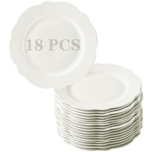 TAMAYKIM 6 Inch Porcelain Dessert Plates, Set of 18, White Lotus Shape Stackable Appetizer Plates, Scratch Resistant Small Plates for Restaurant & Home, Microwave, Oven & Dishwasher Safe