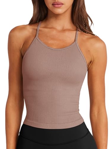 Image of LASLULU Womens Sports Bra Seamless Long Tank Spaghetti Strap Workout Bra