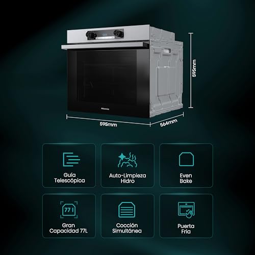 Miniatura 2 de Hisense Bi62216axe2 - Horno Hidrolitico, Clase A, Guía Telescópica, Gran Capacidad 77l, Cocción Simultánea X5, Doble Grill, Calentamiento Rápido, Inox