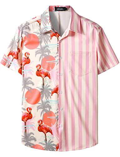 JOGAL Herren Funky Flamingo Hawaiihemd Kurzarm Freizeithemd Blumenmuster Sommerhemd Rosa Baum Mittel Cover