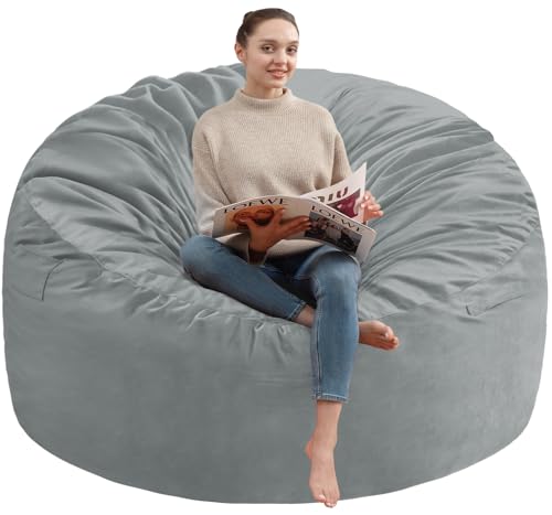 3FT Bean Bag Chair, Comfy Bean Bag Chairs with Memory Foam Filled, Fluffy Beanbag Sofa with Dutch Velvet Cover, Round BeanBag Chairs for Living Room, Playroom - Light Grey