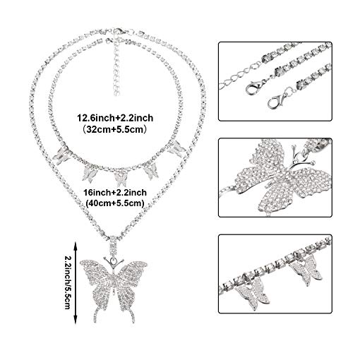 Hicarer Big Butterfly Pendant Necklace Rhinestone Chain Shiny Crystal Choker Pendant Collar Necklace and Butterfly Bracelet Earrings Jewelry for Women2