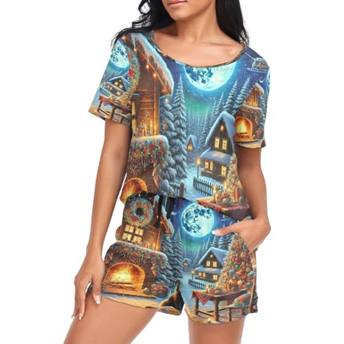 Pyjama chat noir et arbre de Noël pour femme | Ensemble de nuit taille S