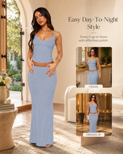 Image of Two Piece Skirt Set for Women - Sexy Sleeveless Spaghetti Strap Pleated Tank Top Maxi Long Skirts Sets