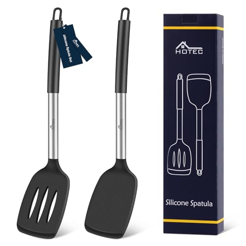 HOTEC Set di 2 spatole in silicone resistenti al calore fino a 315,6 °C e BPA-free, per spatula Turner da cucina con manici in acciaio inossidabile, scanalate e solide