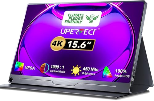 UPERFECT Monitor Portátil 4K Real 15,6”, UHD 100% AdobeRGB, 450 Nits, HDR IPS FreeSync, Alto-Falante Integrado, USB-C/HDMI, VESA & Capa