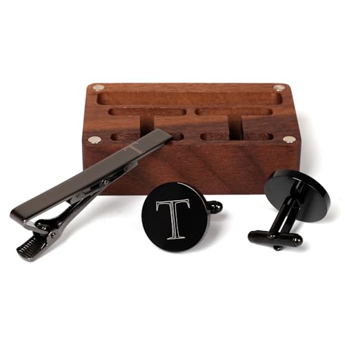 Image of Mens Initial Cufflinks and Tie Clip A-Z Alphabet Letter Black Stainless Cuff Links Tie Bar with Engraved Walnut Wood Box Groom Groomsman Wedding Set