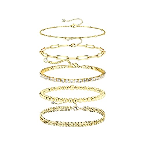 Image of DEARMAY Gold Bracelets for Women Waterproof Stackable Dainty 14K Gold Plated Rope Cuban Snake Paperclip Figaro Link Chain Pack Bracelet Adjustable Non Tarnish Fashion Accessories Jewelry Sets Gifts for Womens Mom