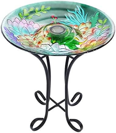 VCUTEKA Glass Bird Bath Outdoor Solar Birdbath with Metal Stand for Lawn Yard Garden Decor, Flowers