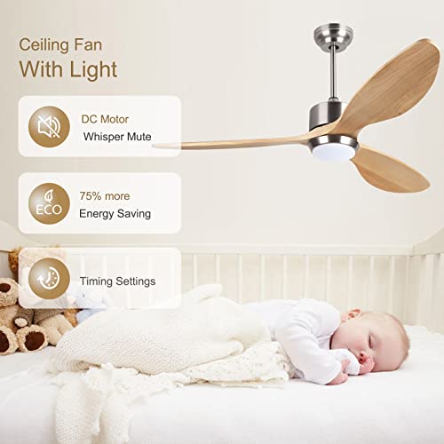 Ovlaim 52 Inch Solid Wood Ceiling Fans With Lights Remote Control, 6 Speed Quiet Dc Motor 3 Blade Propeller Smart Ceiling Fan, Indoor Living Room Bedroom #TOP1