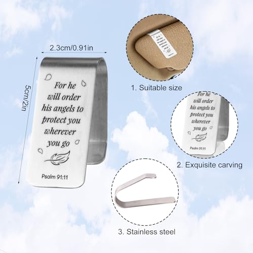 Image of Penitue Engraved Stainless Steel Car Visor Clip, He Will Order His Angels to Protect You Guardian Funny Visor Picture Clip for Safe Travel Religious New Drivers Gift Photo Accessories Men Women