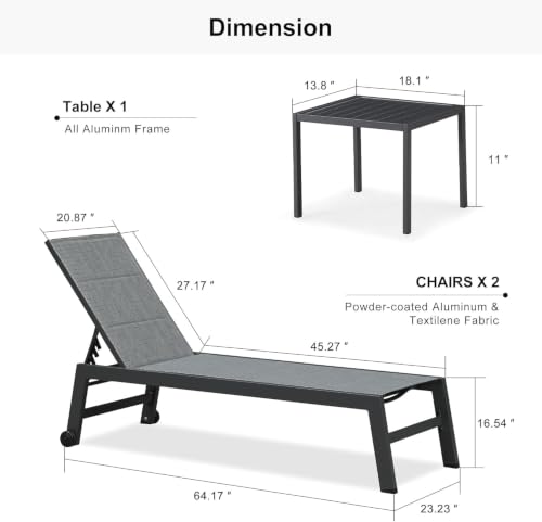Image of PURPLE LEAF Outdoor Chaise Lounge Chairs Set of 2 w /Side Table, Mix Grey