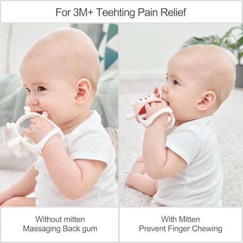 Image of Baby Teething Toy Silicone Teething Mitten for Babies Over 3 Months Anti Dropping Wrist Hand Teethers Baby Chew Toys for Sucking Needs, BPA Free (Light Pink 2 in 1)