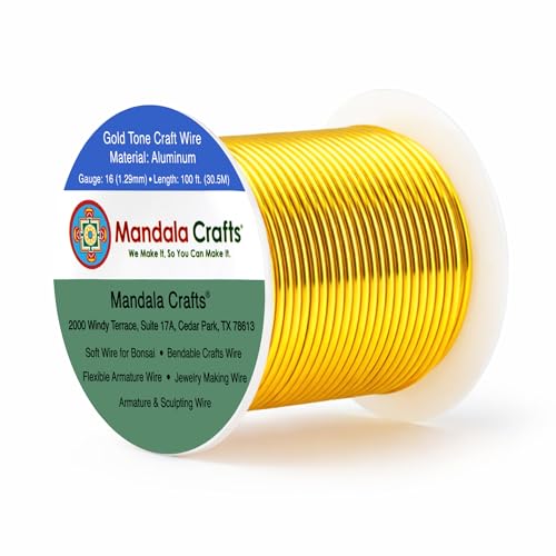 Image of Mandala Crafts 16 Gauge Gold Tone Anodized Aluminum Craft Wire, 100 FT | Colored, Flexible, Bendable, for Bonsai, Armature, Sculpting, Wire Wrapping, Jewelry Making, Weather & Tarnish Resistant