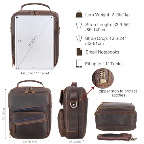 Masa Kawa Leather Messenger Shoulder Crossbody Bag for Men Fits 11 Inch Tablet, Small Flap Multi Pockets Daily Commuting Work Satchel Bags, Vintage Brown3