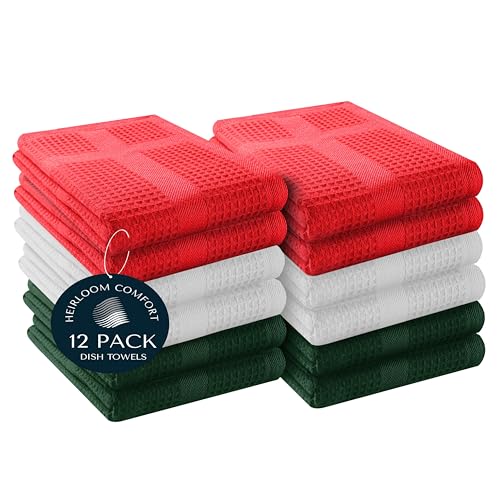 HEIRLOOM COMFORT 12 Pack Multi Color Waffle Weave Kitchen Towels, 16x26 Inch, 100% Cotton, Super Absorbent, Quick Dry, Hand Towels for Drying Dishes, Cleaning, Durable - Red, White, Forest Green