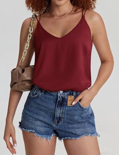Image of Ekouaer Womens 2-Pack Silk Satin Camisole Tank Top V Neck Sexy Cross Back Spaghetti Strap Cami Sleeveless Lounge Tops S-XXL