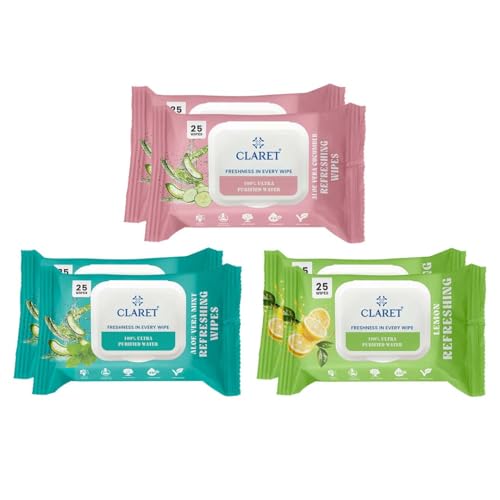 Image of Claret Wet Wipes Combo | Aloe Vera Cucumber, Aloe Vera Mint & Lemon | 25 Pulls Each | Alcohol-Free & pH Balanced | Purified Water Wipes (Pack Of 6)