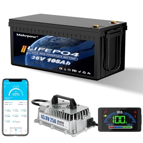 36V 105Ah LiFePO4 battery, built-in Bluetooth 200A BMS and LCD display, IP65 waterproof and dustproof, with 43.8V 25A lithium battery charger, peak current 1000A, perfect for golf carts