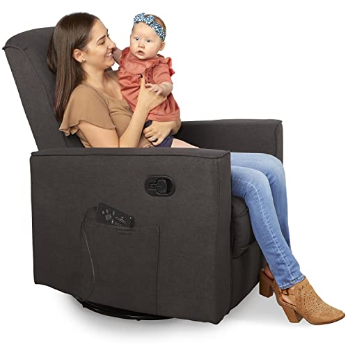 Image of Evolur Raleigh Glider with Massager in Charcoal, Upholstered Plush Seating 360° Swivel Glider Rocking Chair, FSC Certified, Greenguard Gold & JPMA Certified Nursery Glider Recliner