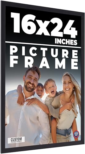 16x24 Frame Black Real Wood Picture Frame Width 0.75 Inches | Interior Frame Depth 0.5 Inches | Noir Classique Mid Century Photo Frame Complete with UV Acrylic, Foam Board Backing & Hanging Hardware