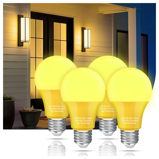 Nouscan Yellow Bug Light Bulbs Outdoor, A19 LED Lights 9W, (60W to 100W Equivalent), Amber Yellow, Not-dimmable, E26 Base Bulb for Outside, Nursery, Sleep, Porch Garage, 4 Pack