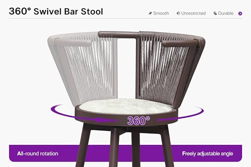 Butacos PURPLE LEAF para exterior con giro de 360°, reposabrazos y respaldo tejido, diseño delgado, cojín suave, altura ajustada para mesas altas, color marrón, juego de 2 piezas miniatura 4