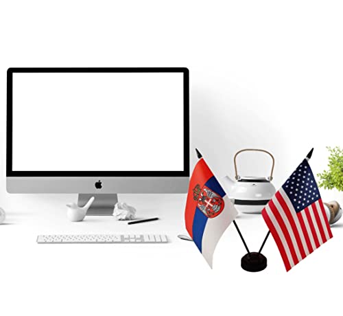 America & Serbia Friendship Twin Desk Flag, Us Serbia Table Flags, 8 X 5 Inches American & Serbian Deluxe Desk Flag Set - Miniature Usa & Serbia Stick Flag With Flag Stand #TOP1