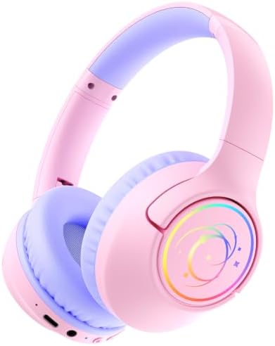 Bluetooth Kopfhörer Kinder mit LED, 85H Spielzeit für Tablet Reisen, Rosa | 85/94 dB Lautstärkebegrenzung, Bluetooth5.4, Langlebig Over Ear Kabellos Kinder kopfhörer mit Mikrofon f