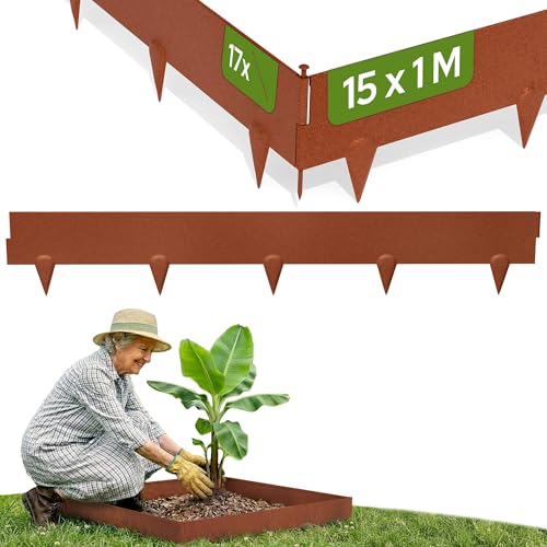 Arebos Cortenstahl Rasenkante 15m Set Beeteinfassung & Mähkante Metall | 10cm hoch 1 5mm dick | Beetbegrenzung & Rasenbegrenzung Garten | Flexible Rasenkante | wetterfest