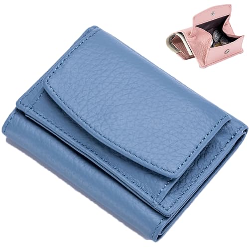 Genuine Leather Card Holder Organizer Pocket Mini Wallet,New Unisex Anti-Credit Card Fraud Folding Mini Wallet,Genuine Leather Coin Purse Pouch,Compact Trifold Purse For Women (Blue)