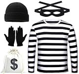 Men's Robber Costume Set Halloween Cosplay Costumes Thief Accessories Black White Striped T-shirt,Mask,Gloves,Bag,Beanie Cap (XXL)