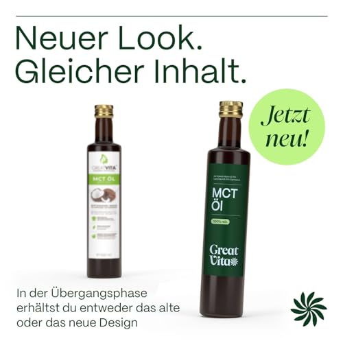 GreatVita MCT Öl auf Kokosölbasis 2x 500 ml | C8 & C10 Fettsäuren, Premium Qualität - 70% Caprylsäure & 30% Caprinsäure - Aufdruck kann variieren