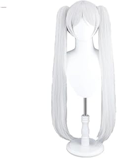 Peluca Peluca de pelo sintético for Cosplay, peluca de Color blanco plateado de 90cm, pelucas de Halloween con cola de caballo doble