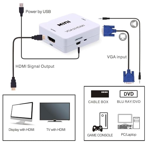 Image of VGA to HDMI, Mini HD 1080P 3.5mm Audio VGA to HDMI HD HDTV Video Converter Box Adapter VGA2HDMI for PC Laptop Dispaly Projector (VGA to HDMI)