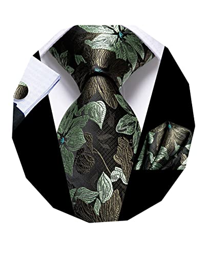 Dubulle Sage Green Floral Ties for Men Silk Mens Juniper Green Necktie Pocket Square Cufflinks Wedding Green Set Gift